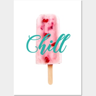 Chill Raspberry Popsicle Ice Cream on Stick with Teal Writing Posters and Art